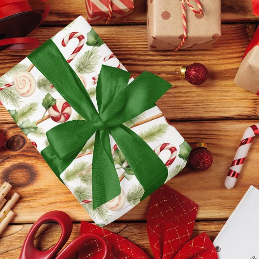 Sweet & Schattige Candy Canes & Christmas Greenery Cadeaupapier
