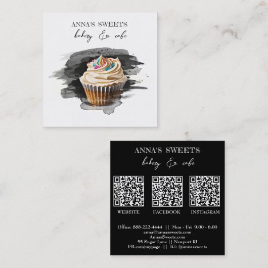 *~* Sweet Shop Bakkerij 3 QR Cupcake Vierkante Visitekaartje (Voorkant / Achterkant)