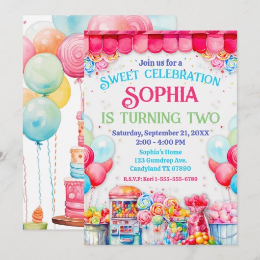 Sweet Shop Verjaardagsfeestuitnodiging Kaart (Voorkant / Achterkant)