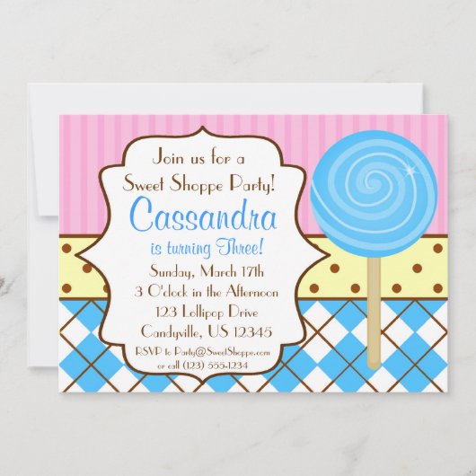 Sweet Shoppe Lollipop Birthday Party Invitation Kaart (Voorkant)