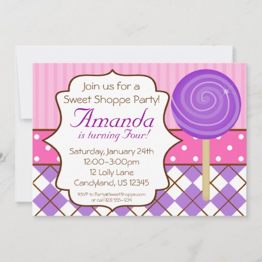 Sweet Shoppe Lollipop Birthday Party Invitation Kaart (Voorkant)