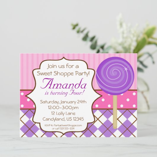 Sweet Shoppe Lollipop Birthday Party Invitation Kaart (Staand voorkant)