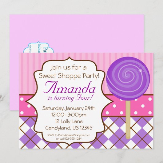 Sweet Shoppe Lollipop Birthday Party Invitation Kaart (Voorkant / Achterkant)