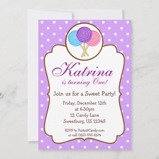 Sweet Shoppe Lollipop Birthday Party Invitation Kaart (Voorkant)