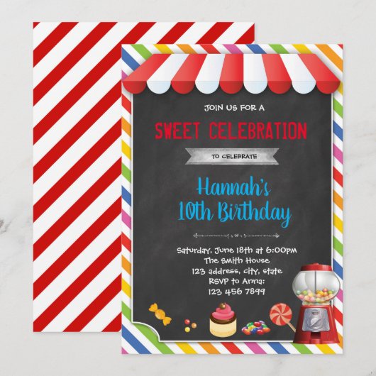 Sweet shoppe snoep verjaardagsuitnodiging kaart (Voorkant / Achterkant)