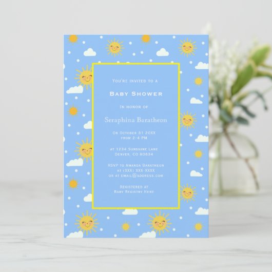 Sweet Simple Blue Yellow Sunshine Baby shower Kaart (Staand voorkant)