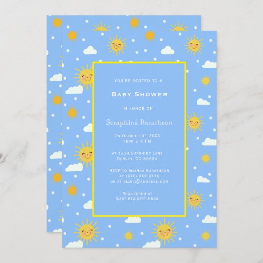 Sweet Simple Blue Yellow Sunshine Baby shower Kaart (Voorkant / Achterkant)
