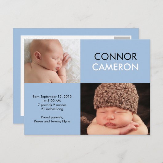 Sweet Simplicity Geboorteaankondiging - Blauw Aankondigingskaart (Voorkant / Achterkant)