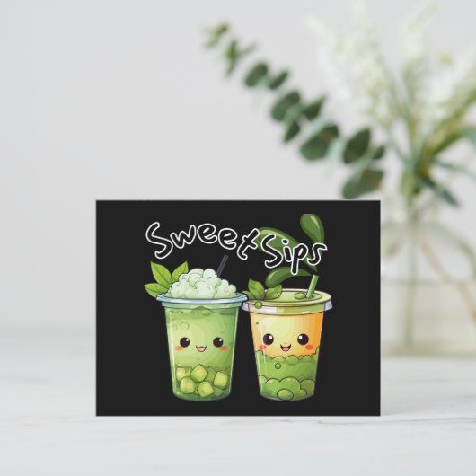 Sweet Sips Kawaii Bubble Tea Duo Briefkaart (Staand voorkant)
