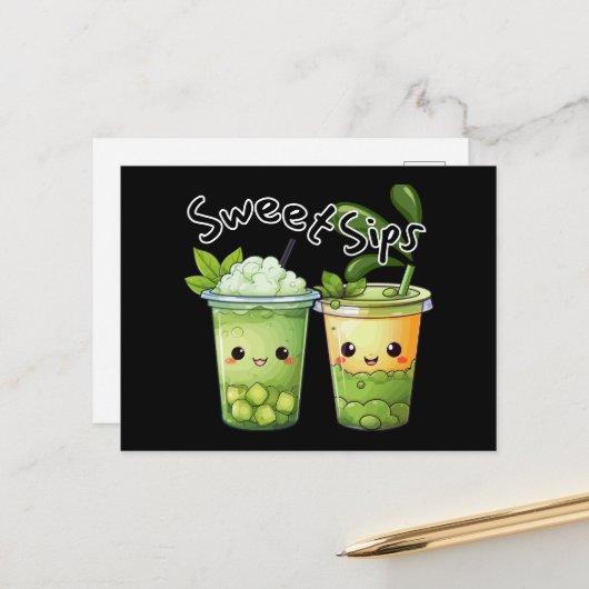 Sweet Sips Kawaii Bubble Tea Duo Briefkaart (Voorkant / Achterkant in situ)