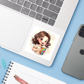 Sweet Sips & Smiles – Rainbow Swirl Girl Sticker"  Sticker (Laptop met iPhone)