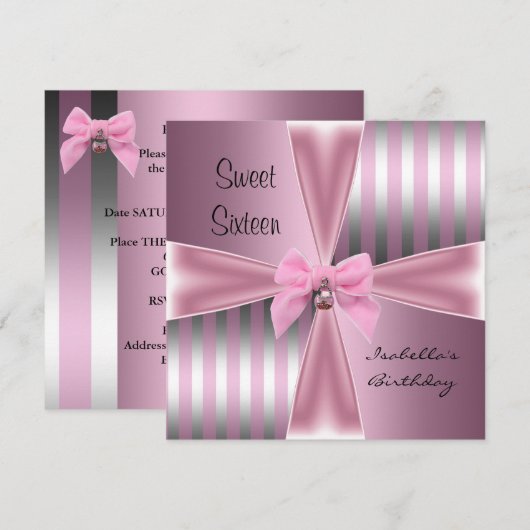 Sweet Sixteen16th Birthday Satin Pink Stripe Bow Kaart (Voorkant / Achterkant)