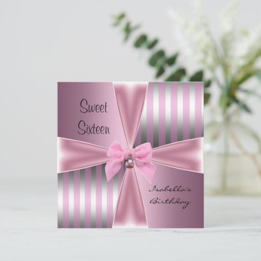 Sweet Sixteen16th Birthday Satin Pink Stripe Bow Kaart (Staand voorkant)
