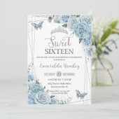 Sweet Sixteen 16 Baby Blauwe Bloemenvlinders 16e Kaart (Staand voorkant)