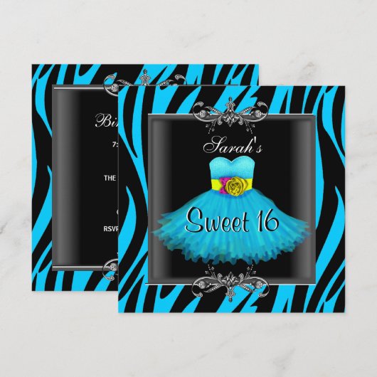 Sweet Sixteen 16 Birthday Blue Zebra Black Dress Kaart (Voorkant / Achterkant)