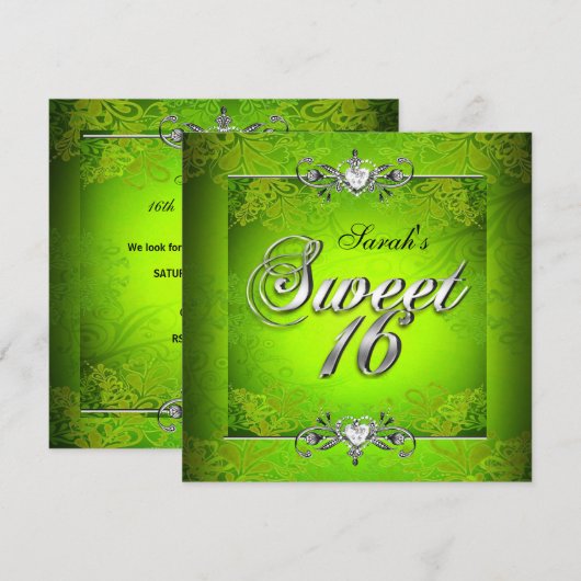 Sweet Sixteen 16 Birthday Lime Green Silver Kaart (Voorkant / Achterkant)
