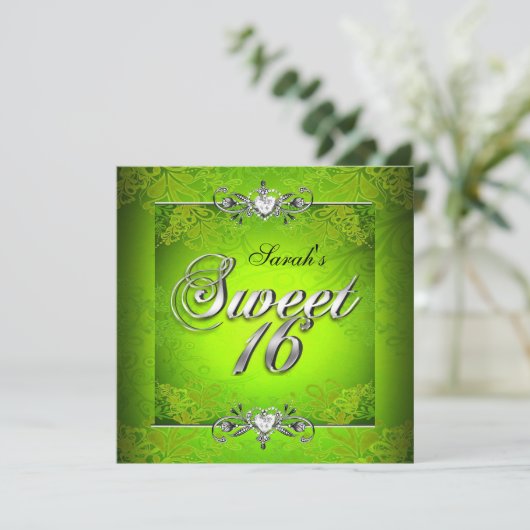 Sweet Sixteen 16 Birthday Lime Green Silver Kaart (Staand voorkant)
