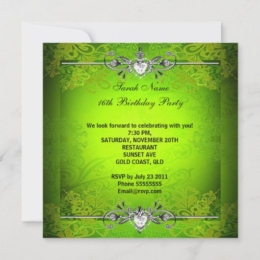 Sweet Sixteen 16 Birthday Lime Green Silver Kaart (Achterkant)