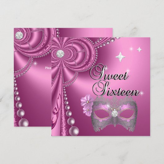 Sweet Sixteen 16 Birthday Pink Diamond Mask Zilver Kaart (Voorkant / Achterkant)