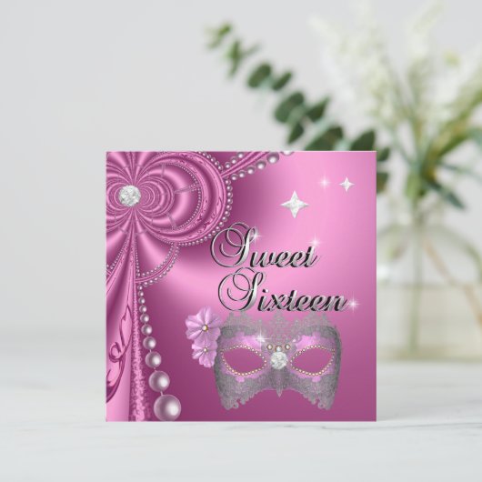 Sweet Sixteen 16 Birthday Pink Diamond Mask Zilver Kaart (Staand voorkant)