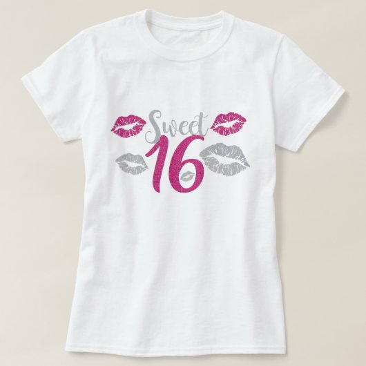 Sweet Sixteen 16 Birthday Pink Faux Glitter Print T-shirt (Design voorkant)