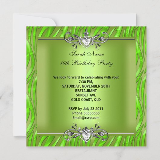 Sweet Sixteen 16 Birthday Zebra Lime Green Kaart (Achterkant)