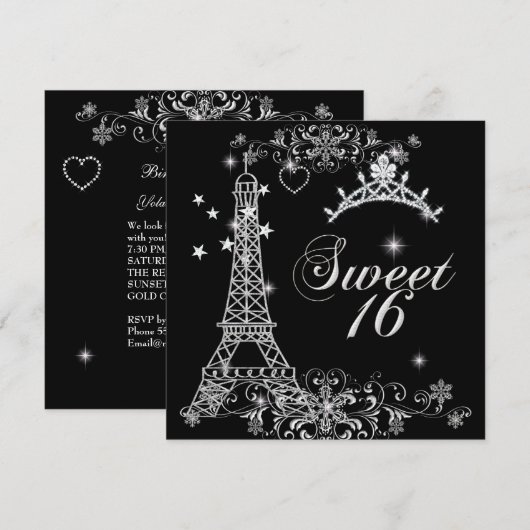 Sweet Sixteen 16 Black Silver Glitter Eiffeltoren Kaart (Voorkant / Achterkant)