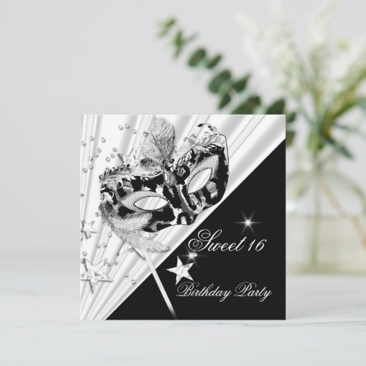 Sweet Sixteen 16 Black White Silver Mask Kaart (Staand voorkant)