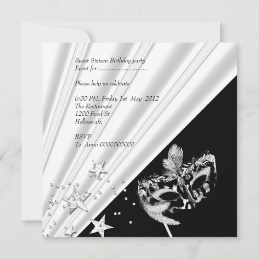 Sweet Sixteen 16 Black White Silver Mask Kaart (Achterkant)