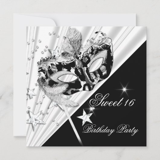 Sweet Sixteen 16 Black White Silver Mask Kaart (Voorkant)