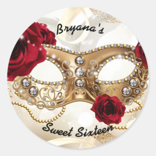 Sweet Sixteen 16 Crème Gouden Maskerade Bal Feest Ronde Sticker