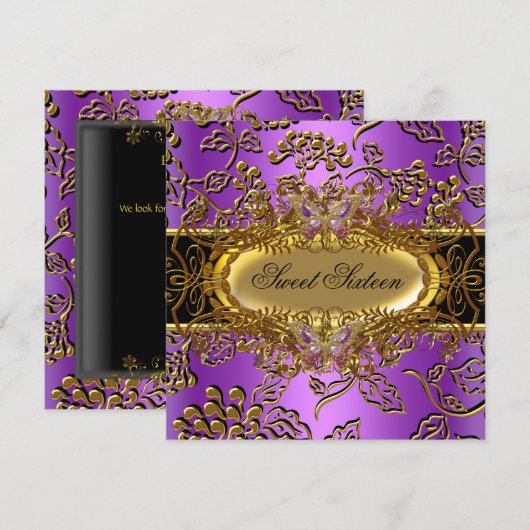 Sweet Sixteen 16 Damask Paars Gold Black Kaart (Voorkant / Achterkant)