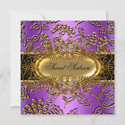 Sweet Sixteen 16 Damask Paars Gold Black Kaart (Voorkant)