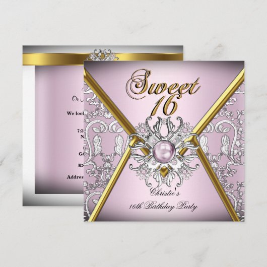 Sweet Sixteen 16 Damask Pink Gold White Silver Kaart (Voorkant / Achterkant)