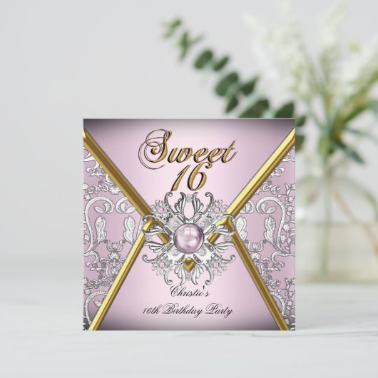 Sweet Sixteen 16 Damask Pink Gold White Silver Kaart (Staand voorkant)