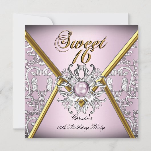Sweet Sixteen 16 Damask Pink Gold White Silver Kaart (Voorkant)