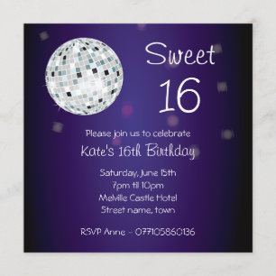 Sweet Sixteen 16 Disco Ball Party Invitation Kaart