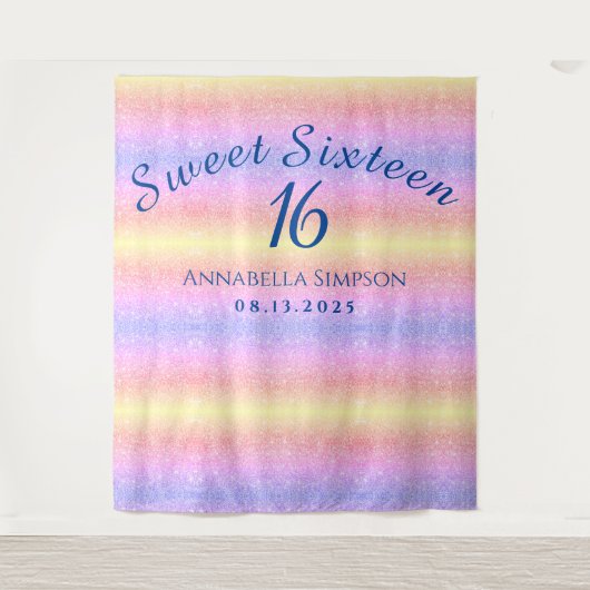 Sweet Sixteen 16 Gepersonaliseerde Regenboog Glitt Wandkleed (Voorkant)