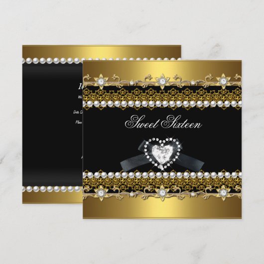 Sweet Sixteen 16 Gold Black Pearl Diamond Kaart (Voorkant / Achterkant)