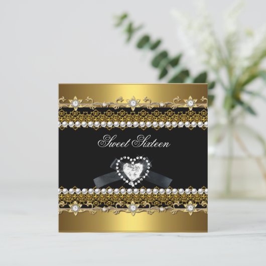 Sweet Sixteen 16 Gold Black Pearl Diamond Kaart (Staand voorkant)