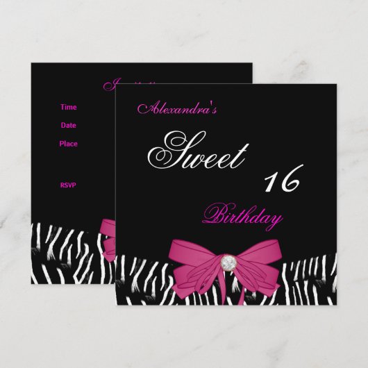 Sweet Sixteen 16 helderroze Zebra zwarte doos Kaart (Voorkant / Achterkant)