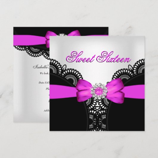 Sweet Sixteen 16 Hot Pink Black White Lace Kaart (Voorkant / Achterkant)