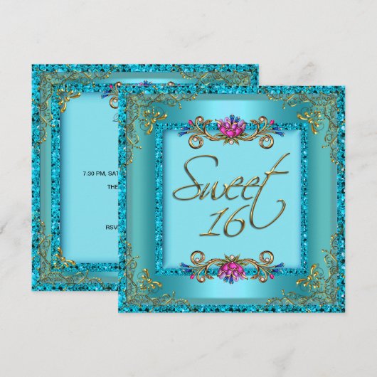 Sweet Sixteen 16-jarige Blauwgroen Blauwe Floral Kaart (Voorkant / Achterkant)