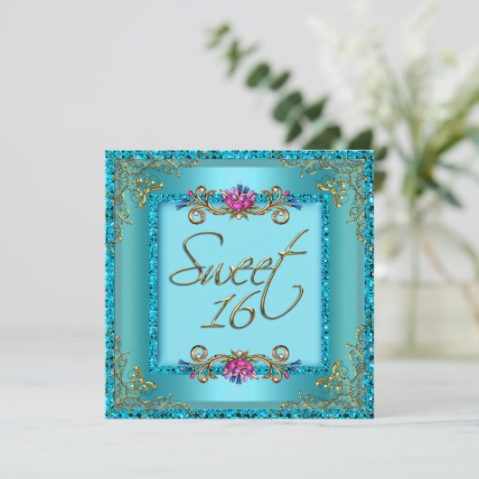 Sweet Sixteen 16-jarige Blauwgroen Blauwe Floral Kaart (Staand voorkant)