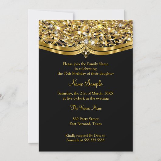 Sweet Sixteen 16-jarige feestdag Glitter Gold Blac Kaart (Achterkant)