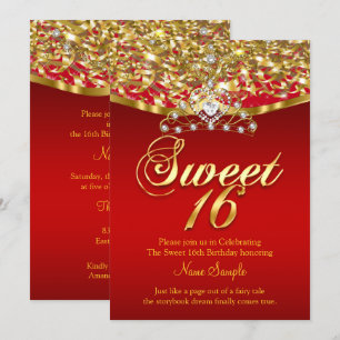 Sweet Sixteen 16-jarige feestdag Glitter Red Gold Kaart