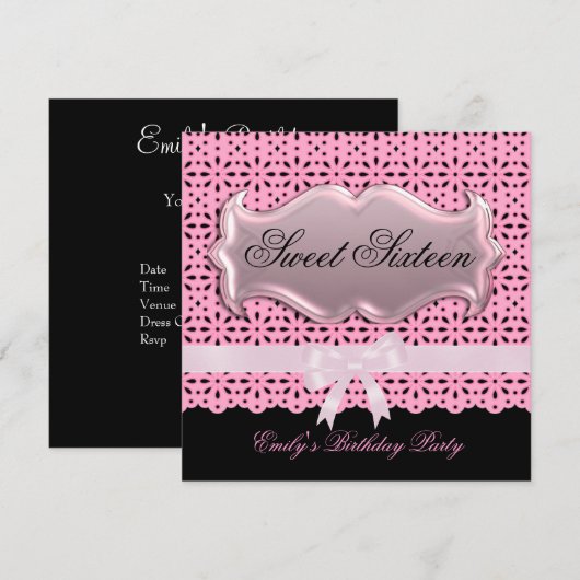 Sweet Sixteen 16-jarige feestdag roze kant zwart Kaart (Voorkant / Achterkant)
