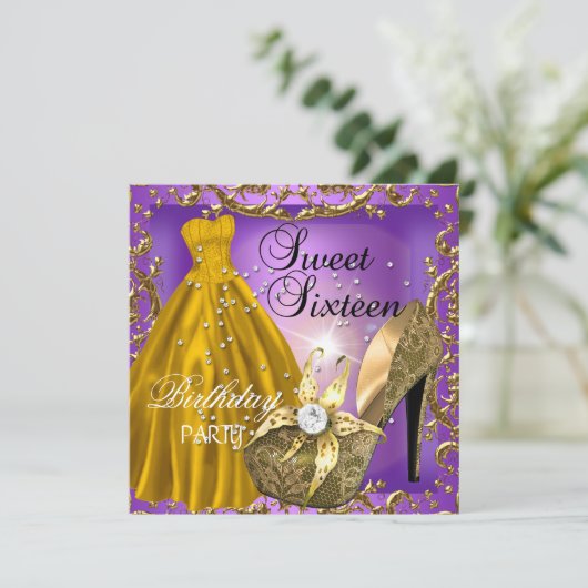 Sweet Sixteen 16-jarige Paarse goudddress Kaart (Staand voorkant)