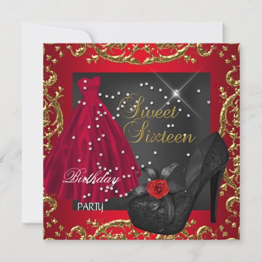 Sweet Sixteen 16-jarige Rode Gouddress Kaart (Voorkant)