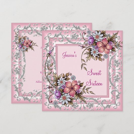 Sweet Sixteen 16-jarige  roze Floral 2 Kaart (Voorkant / Achterkant)